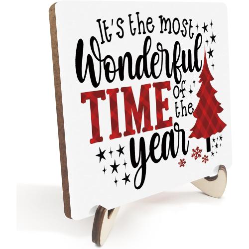 Rustic Xmas Wooden Desk Decor Funny Seasonal Winter Holiday Decorations for Home Farmhouse Office Bathroom Shelf Table Tiered Tray Merry Christmas Plaque with Wood Stand