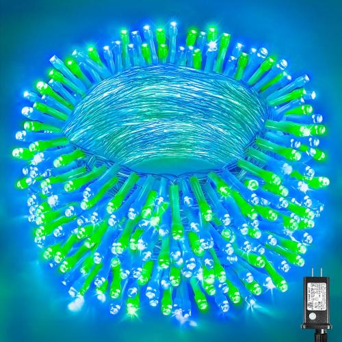 300 LED Christmas Lights Outdoor 100FT Connectable String Lights Indoor 8 Modes Clear Wire Plug in Waterproof Twinkle Fairy Lights for Bedroom Christmas Tree Party Decorations, Blue&Green