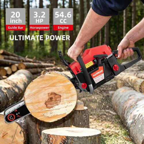 54.6cc Gas Chainsaw, 20 Inch Guide Bar, 3.2HP 2.4KW 2-Stroke Gasoline Chainsaw, Handheld Power Chain Saw with 65Mn Steel Chain, Quick Start, for Tree Cutting, Logging & Firewood