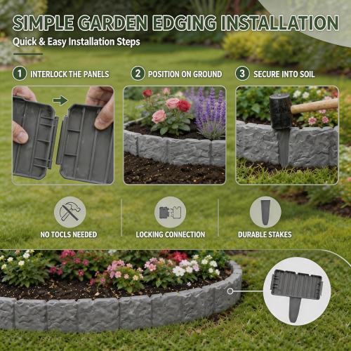 Imitation Stone Garden Fence Edging, Interlocking Plastic Landscape Border Panels for Flower Bed Lawn Path Yard Decor (Black,10pcs)