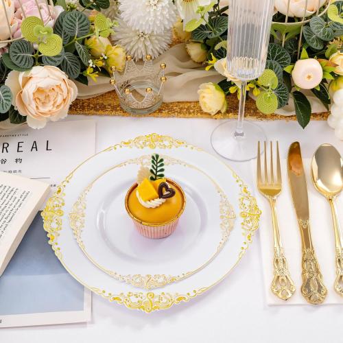 100PCS White Plates with Gold Trim Disposable for Thanksgiving