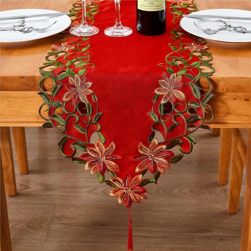 AMARED Christmas Embroidered Table Runner Cutwork Green Leaves Holiday Table Linens for Christmas Decorations 15x69 Inch