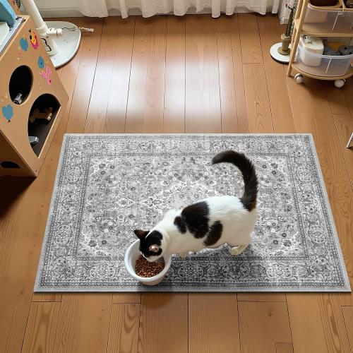 Grey Small Washable Area Rug, 2x3 Boho Vintage Entryway Rugs, Soft Non Slip Floral Door Mat, Aesthetic Low Pile Carpet for Front Door Entry Carpets Entrance Bedroom Kitchen