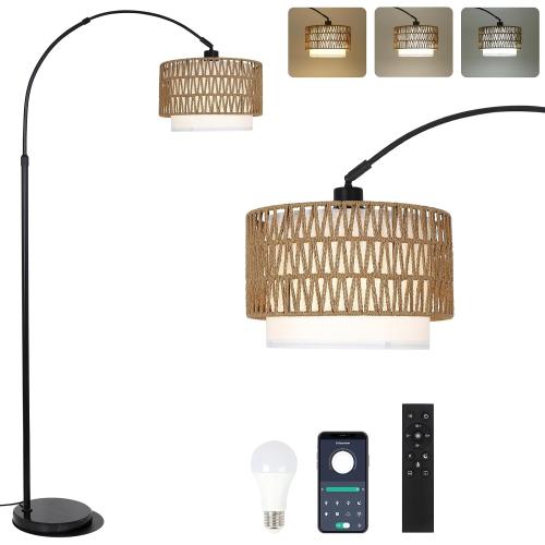 eyassi Arc Floor Lamp with Remote, Modern LED Floor Lamp with Dimmable Bulb, Boho Farmhouse Standing lamp with Fabric & Rattan Lampshades, Height Adjustable Black Tall Lamp for Living Room Bedroom