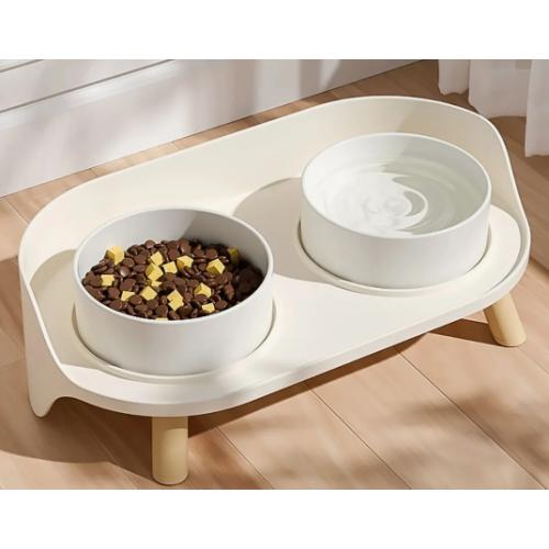Bone China Double Pet Feeder, Elevated Cat Dog Food Double Bowls, Ceramic