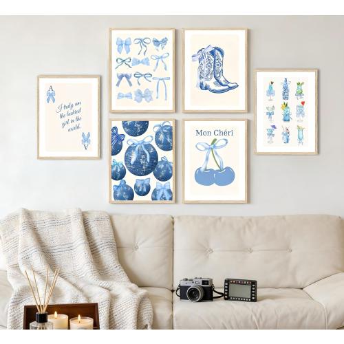 Blue Coquette Preppy Poster Wall Art,6 Pcs Aesthetic Painting Picture Wall Decor,Cowboy Boots Disco Ball Cocktail Cherry Canvas Print Artwork,for Girls Bedroom Dorm Room Home Decoration Unframed