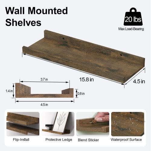Brown Floating Shelves for Wall Decor, 16 in Shelf with Lip Set of 2