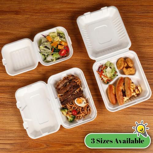 Lucklot 50 Pack 6×6 Inch White Compostable Bagasse Take Out Food Containers