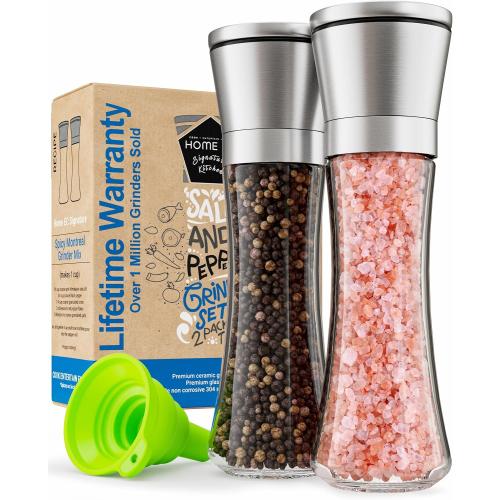 Home EC Premium Stainless Steel Sea Salt and Pepper Grinder Set of 2 - Adjustable Ceramic - Tall Glass Salt and Pepper Shakers - Kitchen Spice Mill W/Funnel & EBook