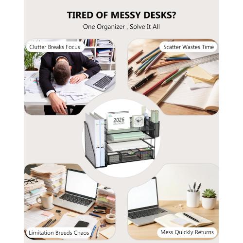 WALI Desk File Organizer, 4 Tier Desktop Paper Letter Tray Organizer with Drawer and 2 Pen Holders, Office Desk Accessories & Workspace Organizers for Office, Home Supplies(DO005DH-B), 1 Pack, Black