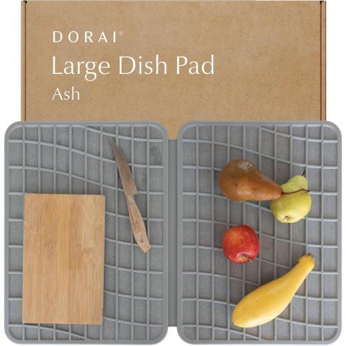 Dorai Home Dish Pad - Collapsable Stone Dish Drying Mat with Diatomaceous Earth for Quick Drying - Ultra Absorbent - Encased in Silicone - Eco-Friendly, Foldable - Large 24.6 x 16.5, Ash