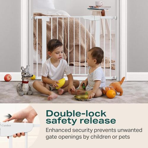 Cumbor 36 in Extra Tall Baby Gate for Doorways, 30-40.6 in Dog Gate White | Mom's Choice Awards Winner, Double Lock, 2-Way Swing, Auto Close Child Gate for Toddler & Pets, Pressure or Hardware Mounted