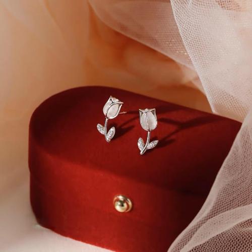 Sterling Silver White Chalcedony Tulip Flower Stud Earrings