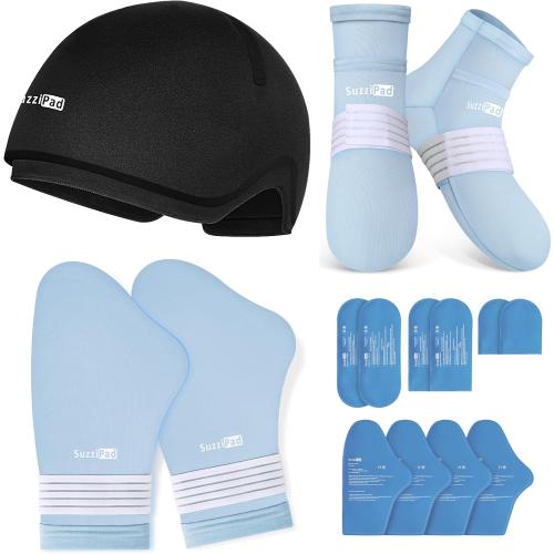 Suzzipad Cold Therapy Socks and Hand Ice Pack, Cooling Gloves for Chemotherapy, Stress Relief Caps, Ideal for Carpal, Chemo Care Package for Women & Men, S/M