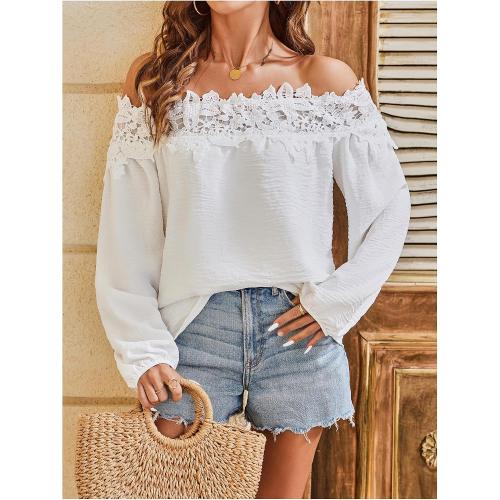 SweatyRocks Women's Lace Off The Shoulder Top Long Sleeve Vacation Blouse