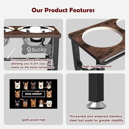 SHAINFUN Elevated Dog Bowls with Slow Feeder & Mat for Medium and Large Dogs, 12 Tall Adjustable Wooden & Metal Raised Dog Bowl Stand, 2 Stainless Steel 58oz Bowls for Food & Water