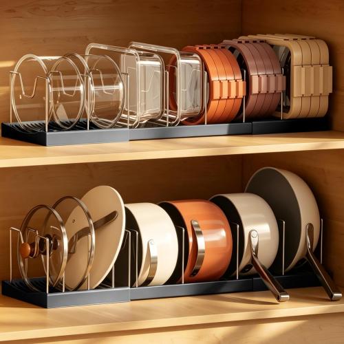 Magheo 2 Pack Pots and Pans Organizer Under Cabinet, Expandable 12.6-22.8 Kitchen Cabinet Organizer Holder with 10 Adjustable Dividers for Food Storage Container Lid, Cookie Sheet, Cookware(Black)