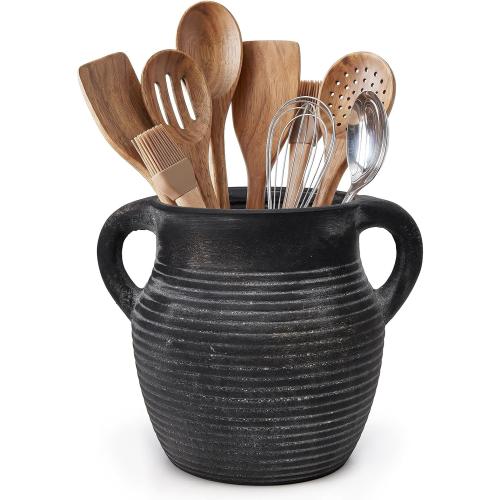 Rustic Utensil Holder for Kitchen Counter - Ceramic Farmhouse Cooking Utensil Crock & Organizer for Spatula, Spoon-Vintage Kitchen Decor (Charcoal)
