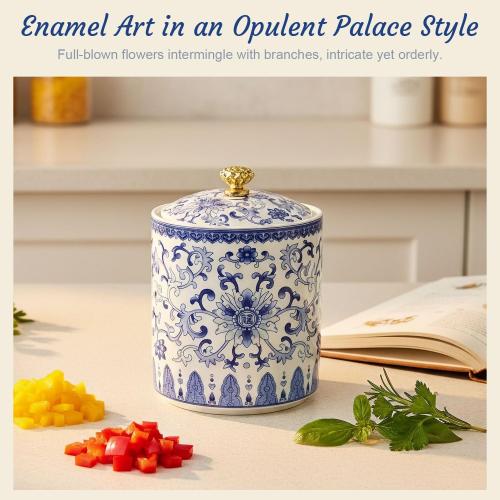 Vintage Blue White Salt Cellar with Lid - Airtight Ceramic Jar