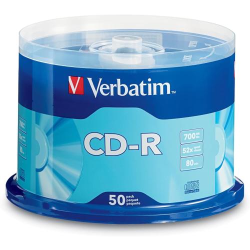 Verbatim CD-R Blank Discs 700MB 80 Minutes 52x Recordable Disc for Data and Music - 50 Pack Spindle,
