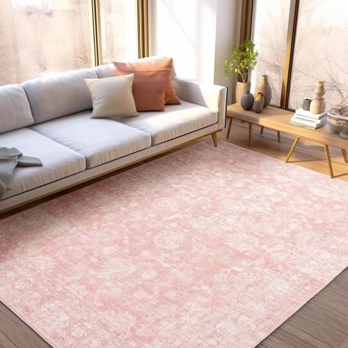 FROZZUR Boho Pink Area Rug 5x7 – Soft Washable Vintage Rug with Non-Slip Backing for Living Room, Bedroom & Nursery, Cozy Home Decor
