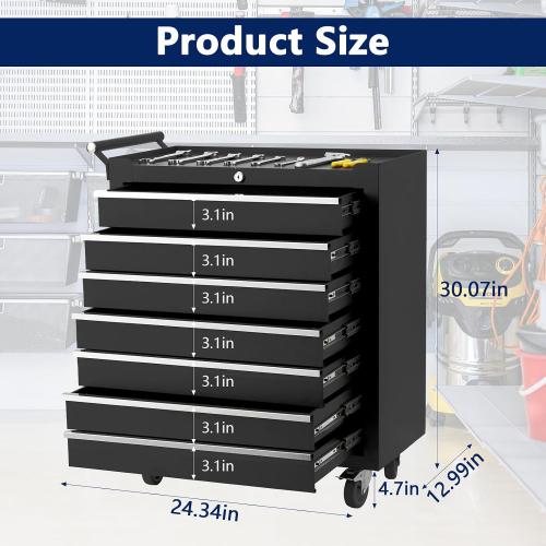 BLACK AND RED GarveeLife 24-Inch Rolling Tool Chest, 7-Drawer Mobile Tool Cabinet with Locking System, Heavy-Duty Rolling Tool Storage for Garage, Workshop, and Home DIY Projects