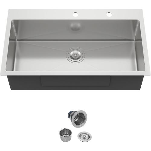 33 Inch Drop In Kitchen Sink - 33x19 Stainless Steel Kitchen Sink T304 18 Gauge Topmount Sinks Single Bowl Handmade Sinks Above the Counter, 9 Deep
