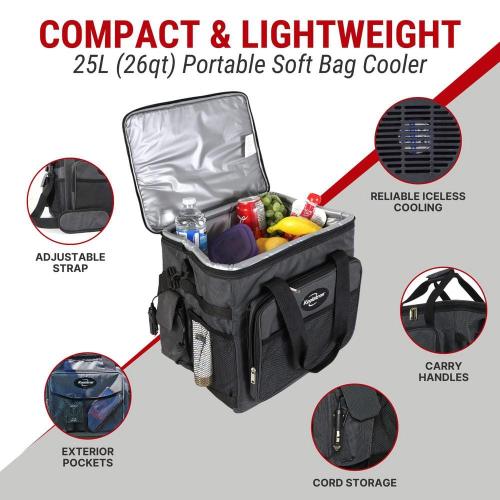Koolatron 12V Electric Cooler Bag, 25L (26qt.) Collapsible Thermoelectric Soft Bag Cooler, Gray/Black