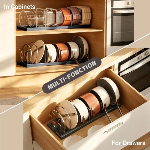 Magheo 2 Pack Pots and Pans Organizer Under Cabinet, Expandable 12.6-22.8 Kitchen Cabinet Organizer Holder with 10 Adjustable Dividers for Food Storage Container Lid, Cookie Sheet, Cookware(Black)