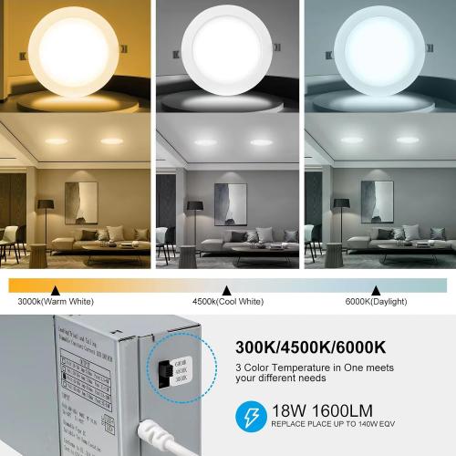 Elaruslux 6 Pack 7 Inch 3CCT Ultra-Thin LED Recessed Light with Junction Box, 3000K/4500K/6000K Selectable, 18W Eqv 125W, Dimmable Ceiling Lights 1600LM Brightness Canless Wafer Downlight