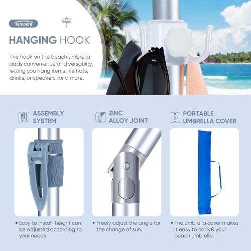 Tempera Heavy Duty High Wind Beach Umbrella with Sand Anchor & Carry Bag|Patio Outdoor Umbrella with Aluminum Frame and Push Button Tilt, Ideal for Travel Garden Lawn, UPF 60 ,Blue