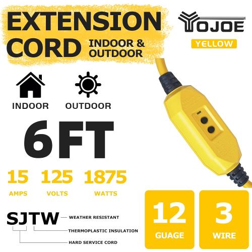 YOJOE 6 Foot GFCI Yellow Extension Cord,Lighted Outdoor 12/3 Cord with 3 Power Outlets,12 Gauge 3 Prong SJTW Heavy Duty Extension Cable with 3 Prong Grounded Plug for Safety,UL Certified