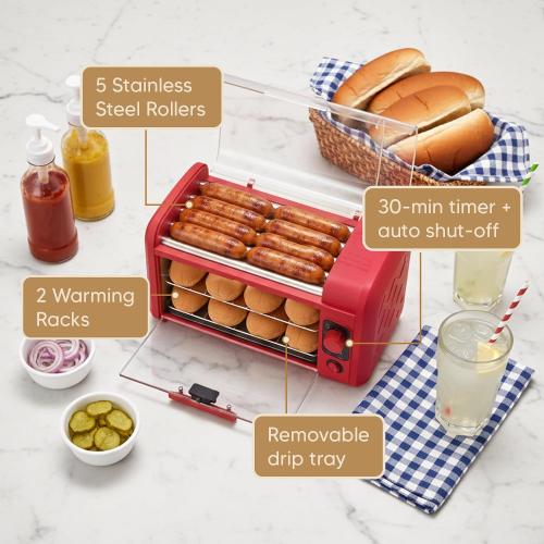 Elite Gourmet 8-Hot Dog Roller/Toaster Oven, 5 Rollers, Auto Shut-Off, Red
