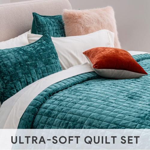 RECYCO Channel Box Stitch Velvet Quilt Set, Full Queen Size, Teal