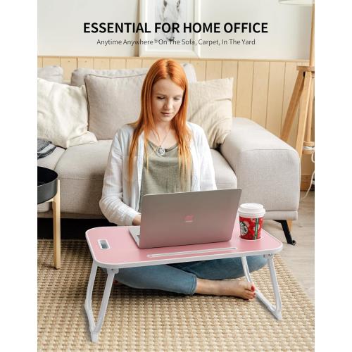 ZEAPTAC Laptop Bed Desk, Foldable Lap Desk, Portable Lap Table, Laptop Stand with Cup Holder, Tablet Slot & Lifting Handle for Work, Write, Draw & Eat on Bed, Sofa or Couch - Pink