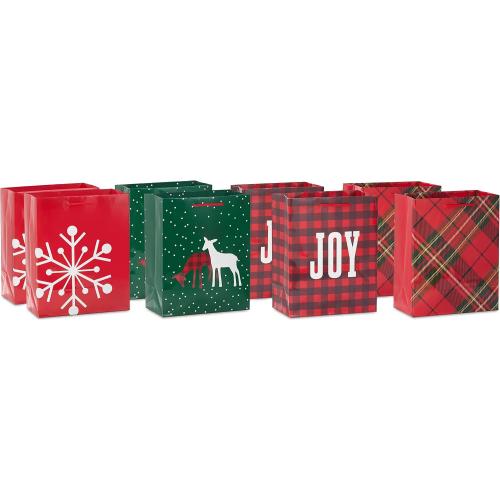 Hallmark Image Arts 8 Medium Christmas Gift Bags (8 Red and Green Bags: Plaid, Snowflake, Joy, Deer) for Teachers, Coworkers, Family
