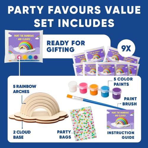 9 Rainbow Craft Kits for Kids - Wooden Paint Party Favors with Goodie Bags | Kids paint 9 wood rainbows in 6 pastel colors, then pack 9 goodie bags. Birthday party favors and rainbow crafts for ages 3