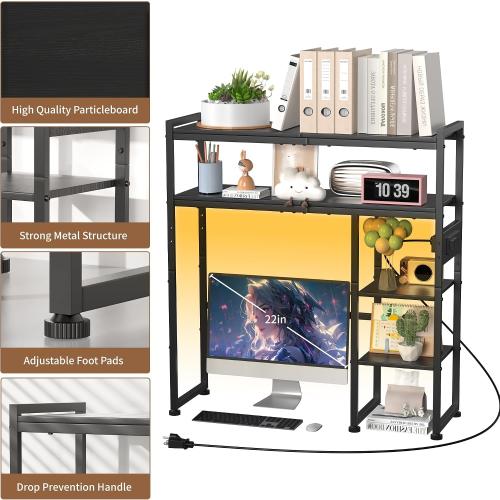 Aetheris Desktop Organizer Shelf, 30 Wooden Office Storage Rack with Outlets, Display Shelf Rack with Light Strip, 5 Tier Desktop Display Rac, Desk Shelf, Desk Hutch for Computer Monitor (Black)
