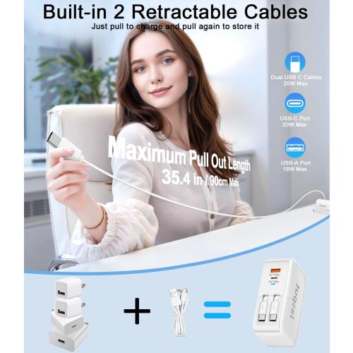 4 in 1 Retractable USB C Charger,40W Retractable Phone Charger Wall Plug