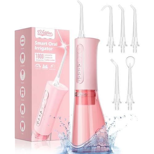 WELLFINE Water Dental Flosser Teeth Pick: Portable Cordless 4 Modes Flossers Pic 300ML Rechargeable Floss Pik Powerful IPX7 Waterproof Oral Irrigator for Cleaning Gum Care Braces for Home Travel