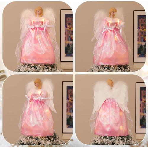 Lewondr Christmas Tree Topper Angel, 12'' Light Up Angel Tree Topper with Wings and Candle Light, 8 Modes and 6 Hrs Timer USB and Remote Operated Christmas Decor for Holiday Home Decor, Pink
