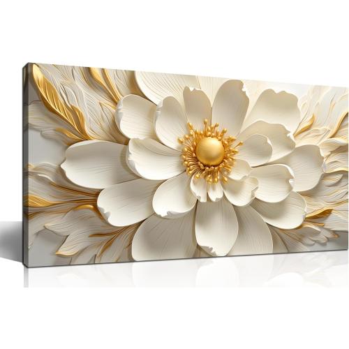 Large White Floral Wall Art Gold Flower Modern Canvas Prints 20x40 In