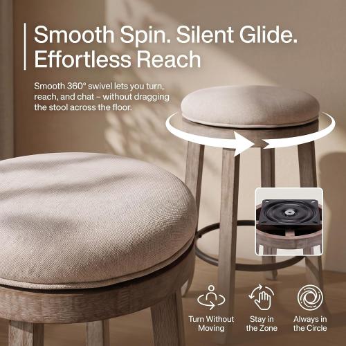 LukeAlon Farmhouse Linen Fabric Round Bar Stools Set of 2, 360° Swivel 25.6” Counter Height Stools with Solid Wood Legs Backless Low Barstools with Footrest for Home Bar Kitchen Island, Beige