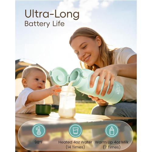 Portable Bottle Warmer for Travel, Baby Milk Warmer with Fast Heating & Long Battery Life, 17 Ounces Large Capacity Bottle Warmer with Long-Lasting Keep Warm Function (Green)