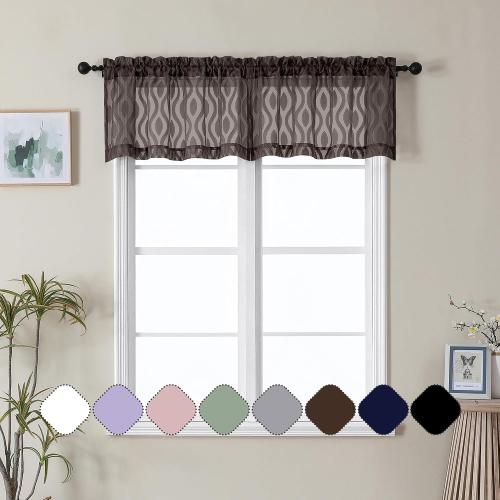 Aiyufeng Brown Valance Curtains 14 Inch Length, Chic Wavy Line Clip Jacquard Sheer Curtains for Basement Bathroom, Lightweight Solid Rod Pocket Small Window Curtains, 2 PCS, 40Wx14L Inch