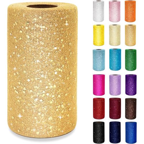 Glitter Tulle Rolls 6 Inch by 50 Yards Sequin Tulle Fabric Ribbon for Christmas Gift Wrapping DIY Tutu Skirt Sewing Bow Wedding Thanksgiving Decorations Craft Supplies (Antique Gold)