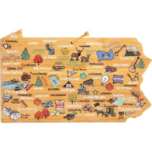Totally Bamboo Pennsylvania State Shaped Cutting Board and Charcuterie Serving Platter with Artwork by Fish Kiss, Includes Hang Tie for Wall Display