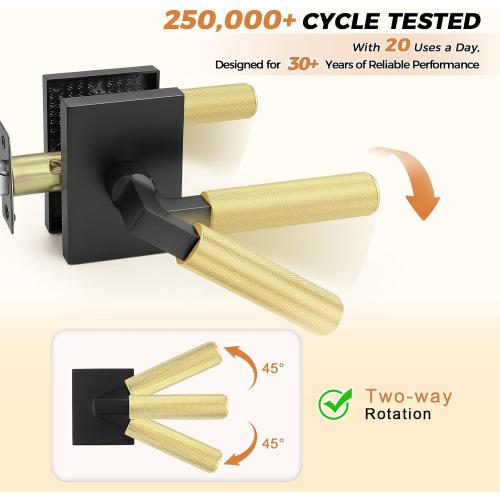 Probrico 2 Pack Brushed Gold Door Handles with Black Lever, Knurled Passage Door Handle for Hallway or Closet Door, Modern Interior Door Handle, Heavy Duty Keyless Lever for Left Right Handed Door