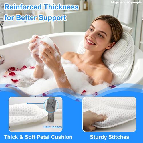 Luxury Oversized Petal-Shaped Bath Pillow for Head, Neck and Backrest, Extra Thick, Polyester, White, Anti-Slip Suction Cups, Washable, Spa Bathroom Accessories