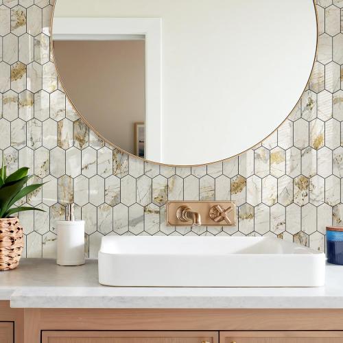 Vamos Tile Long Hexagon Peel and Stick Backsplash Tile - 10 Sheets Stick on Backsplash for Kitchen and Bathroom 12.4 x 12 Inch Glossy Pandora Marble with Gold Veining PVC Self Adhesive Wall Tiles